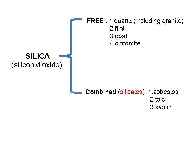 FREE : 1. quartz (including granite) 2. flint 3. opal 4. diatomite. SILICA (silicon