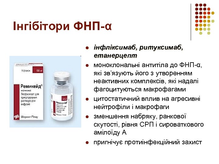 Інгібітори ФНП-α l l l інфліксимаб, ритуксимаб, етанерцепт моноклональні антитіла до ФНП-α, які зв’язують