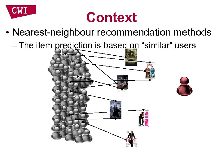 Context • Nearest-neighbour recommendation methods – The item prediction is based on “similar” users