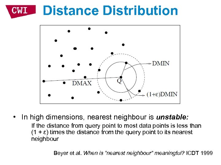 Distance Distribution • In high dimensions, nearest neighbour is unstable: If the distance from