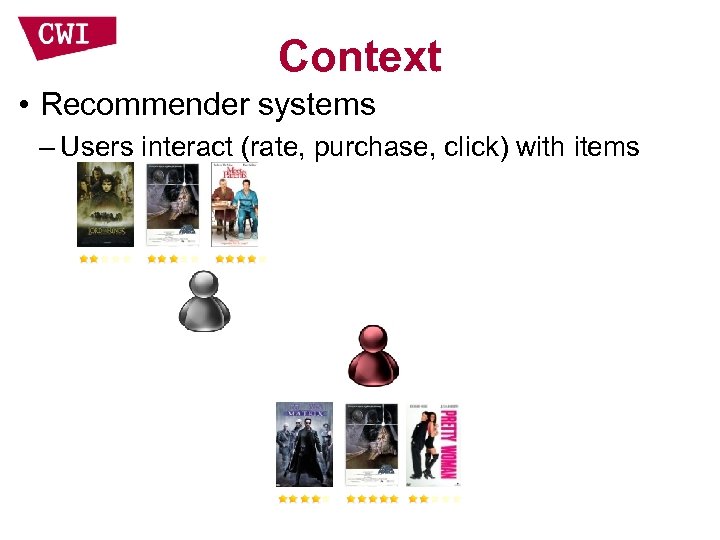Context • Recommender systems – Users interact (rate, purchase, click) with items 