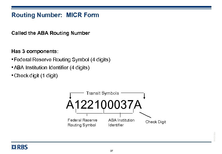 Routing Number: MICR Form Called the ABA Routing Number Has 3 components: • Federal