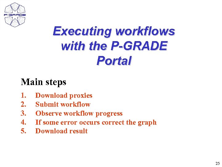 Executing workflows with the P-GRADE Portal Main steps 1. 2. 3. 4. 5. Download
