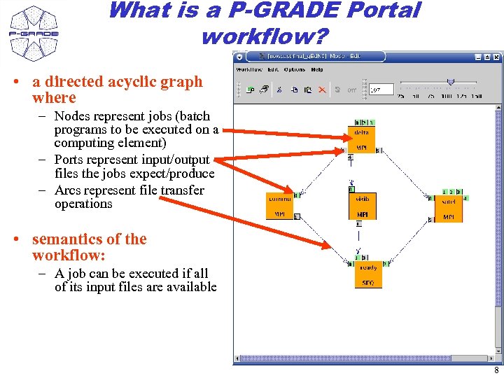What is a P-GRADE Portal workflow? • a directed acyclic graph where – Nodes
