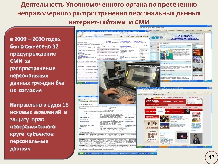 Деятельность Уполномоченного органа по пресечению неправомерного распространения персональных данных интернет-сайтами и СМИ в 2009