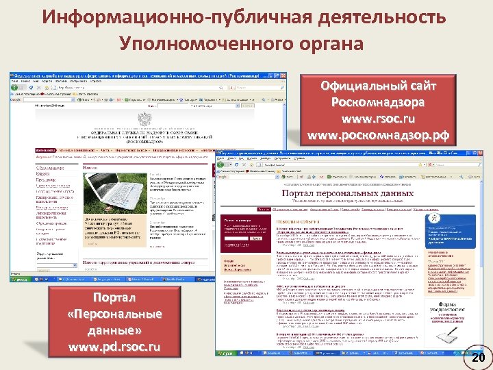 Информационно-публичная деятельность Уполномоченного органа Официальный сайт Роскомнадзора www. rsoc. ru www. роскомнадзор. рф Портал