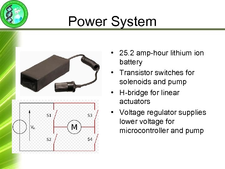 Power System • 25. 2 amp-hour lithium ion battery • Transistor switches for solenoids