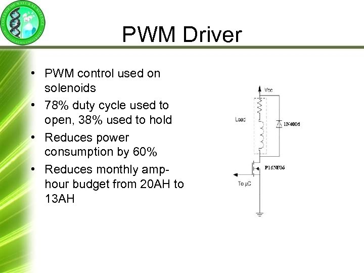 PWM Driver • PWM control used on solenoids • 78% duty cycle used to