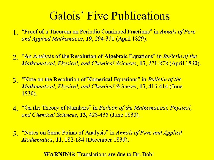 Galois’ Five Publications 1. “Proof of a Theorem on Periodic Continued Fractions” in Annals