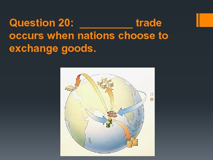 Question 20: _____ trade occurs when nations choose to exchange goods. 