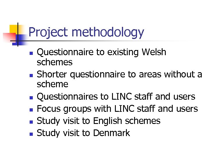 Project methodology n n n Questionnaire to existing Welsh schemes Shorter questionnaire to areas