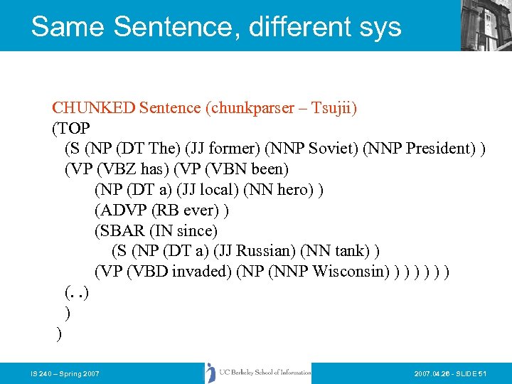 Same Sentence, different sys CHUNKED Sentence (chunkparser – Tsujii) (TOP (S (NP (DT The)