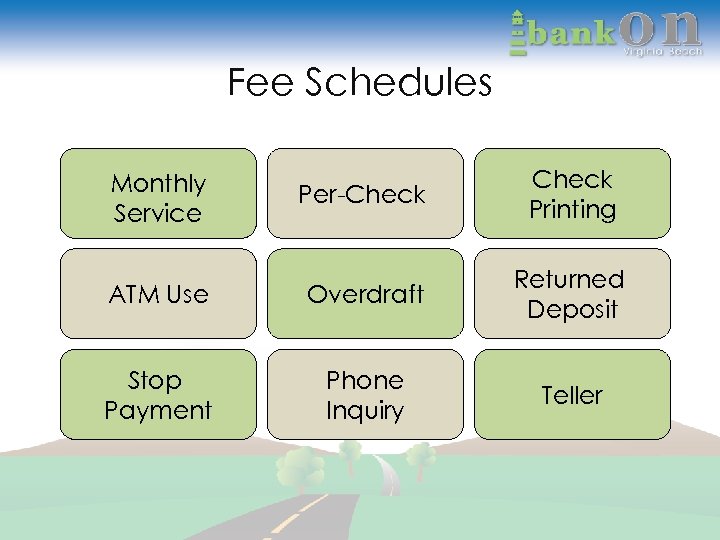 Fee Schedules Monthly Service Per-Check Printing ATM Use Overdraft Returned Deposit Stop Payment Phone