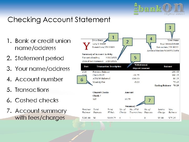 Checking Account Statement 3 1 1. Bank or credit union name/address 2. Statement period
