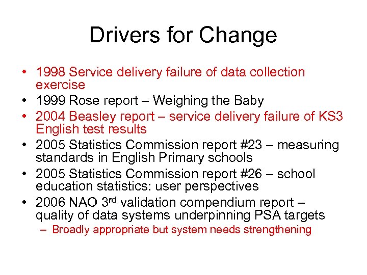 Drivers for Change • 1998 Service delivery failure of data collection exercise • 1999