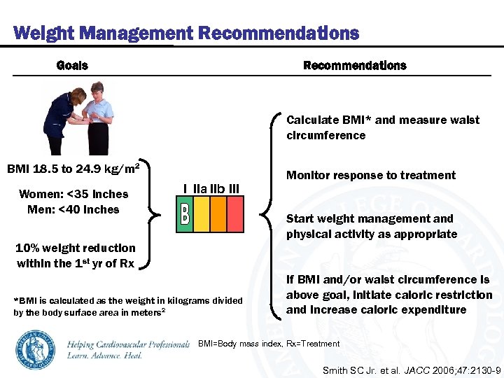 Weight Management Recommendations Goals Recommendations Calculate BMI* and measure waist circumference BMI 18. 5