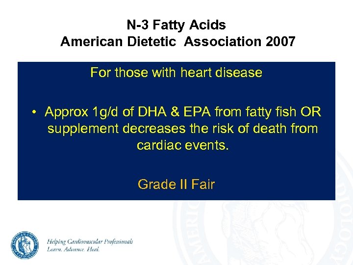 N-3 Fatty Acids American Dietetic Association 2007 For those with heart disease • Approx