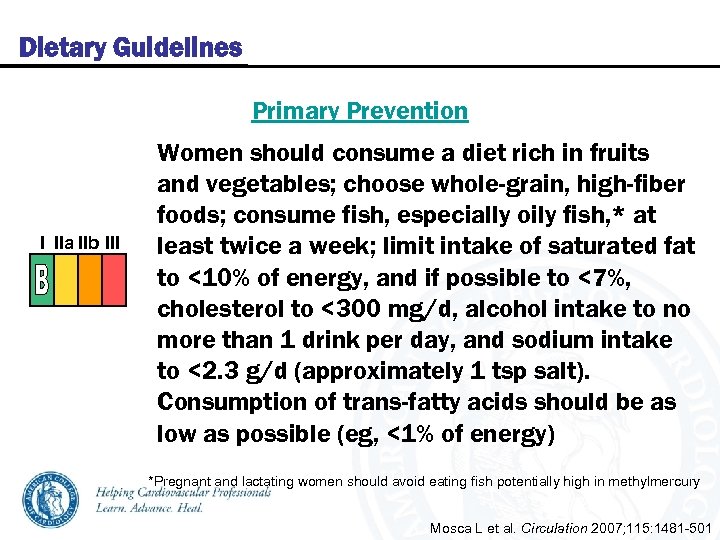 Dietary Guidelines Primary Prevention I IIa IIb III Women should consume a diet rich