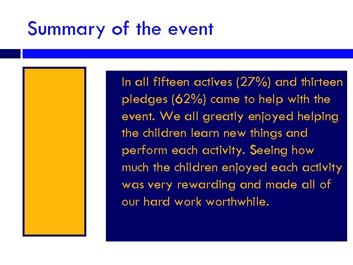 Summary of the event In all fifteen actives (27%) and thirteen pledges (62%) came