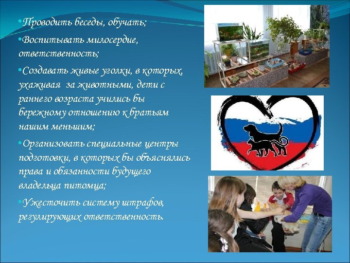  • Проводить беседы, обучать; • Воспитывать милосердие, ответственность; • Создавать живые уголки, в
