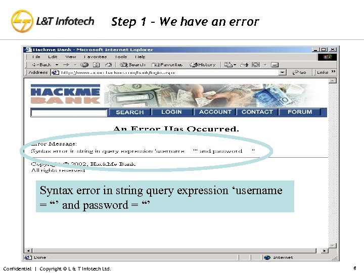 Step 1 – We have an error Syntax error in string query expression ‘username