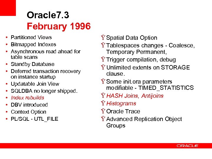 Oracle 7. 3 February 1996 • Partitioned Views • Bitmapped Indexes • Asynchronous read