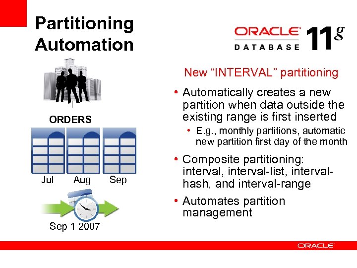 Partitioning Automation New “INTERVAL” partitioning • Automatically creates a new partition when data outside