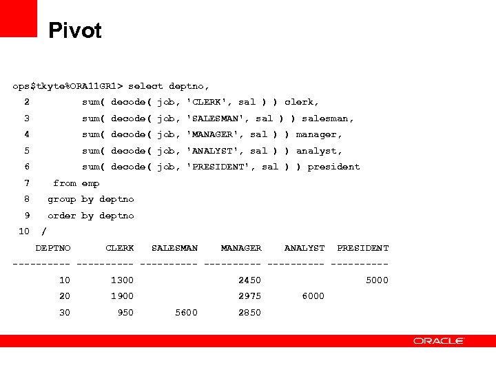 Pivot ops$tkyte%ORA 11 GR 1> select deptno, 2 sum( decode( job, 'CLERK', sal )