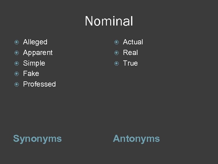 Nominal Alleged Apparent Simple Fake Professed Synonyms Actual Real True Antonyms 