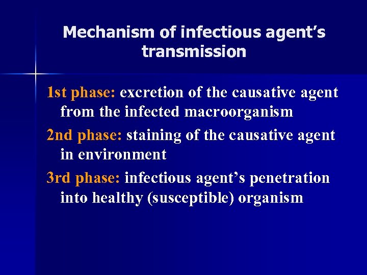 Mechanism of infectious agent’s transmission 1 st phase: excretion of the causative agent from