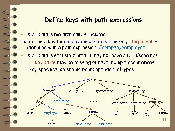 Define keys with path expressions ü XML data is hierarchically structured! “name” as a