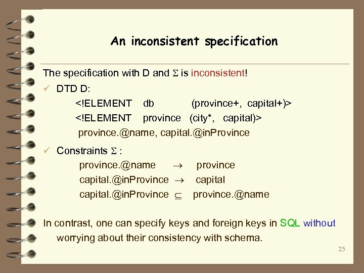 An inconsistent specification The specification with D and is inconsistent! ü DTD D: <!ELEMENT