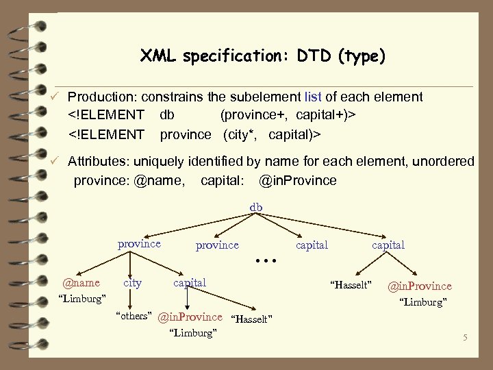 XML specification: DTD (type) ü Production: constrains the subelement list of each element <!ELEMENT