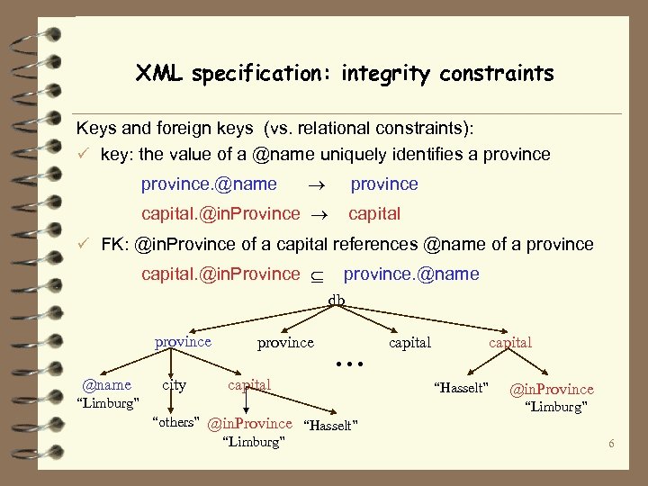 XML specification: integrity constraints Keys and foreign keys (vs. relational constraints): ü key: the