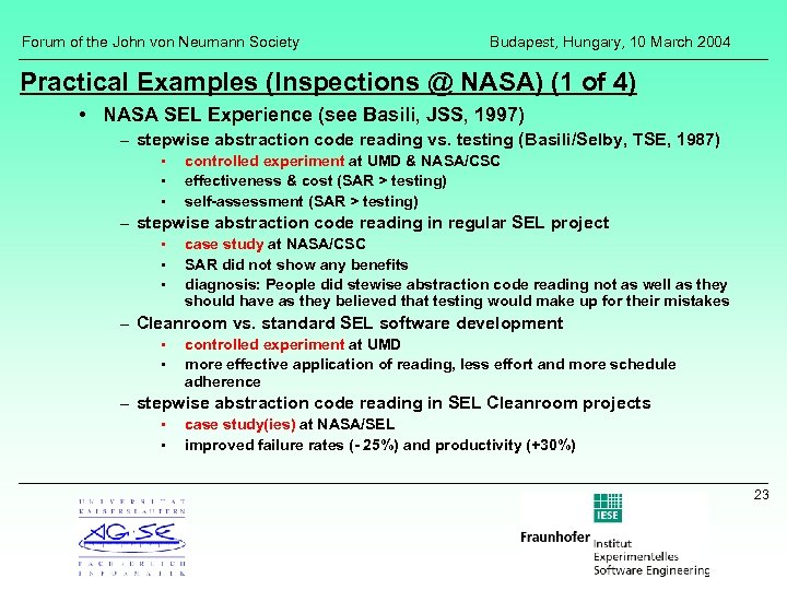 Forum of the John von Neumann Society Budapest, Hungary, 10 March 2004 Practical Examples