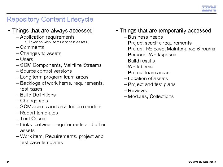 Repository Content Lifecycle § Things that are always accessed – Application requirements • linked