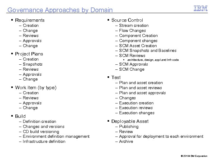 Governance Approaches by Domain § Requirements – – – Creation Change Reviews Approvals Change