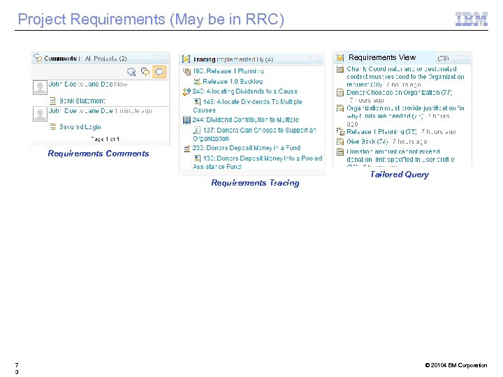Project Requirements (May be in RRC) Requirements View Requirements Comments Requirements Tracing 7 3