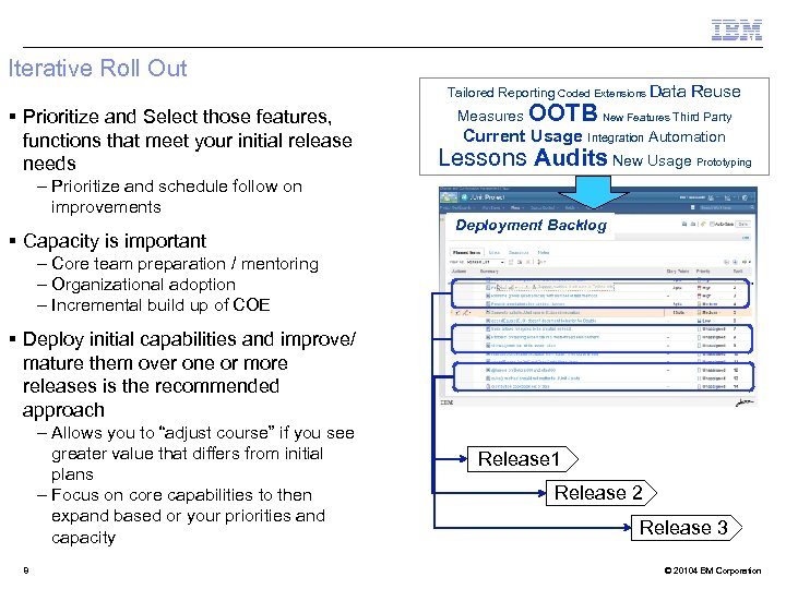 Iterative Roll Out Tailored Reporting Coded Extensions Data § Prioritize and Select those features,