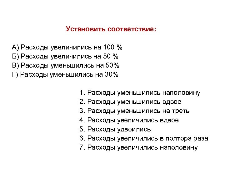 Установить соответствие: А) Расходы увеличились на 100 % Б) Расходы увеличились на 50 %