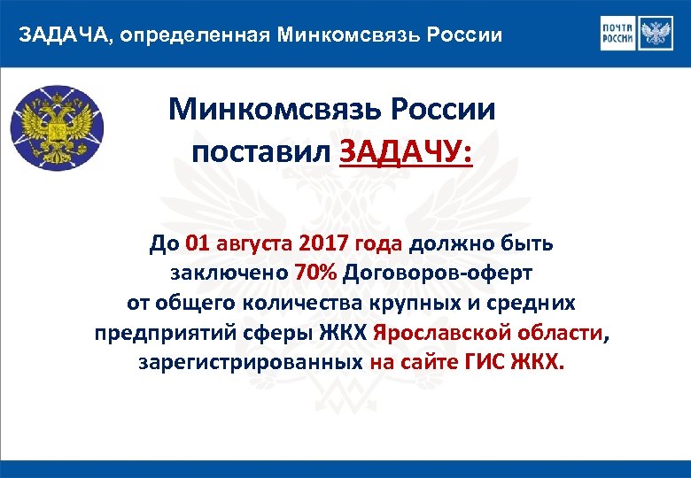 ЗАДАЧА, определенная Минкомсвязь России поставил ЗАДАЧУ: До 01 августа 2017 года должно быть заключено