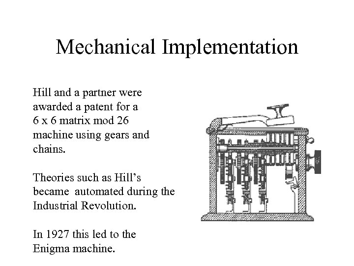 Mechanical Implementation Hill and a partner were awarded a patent for a 6 x