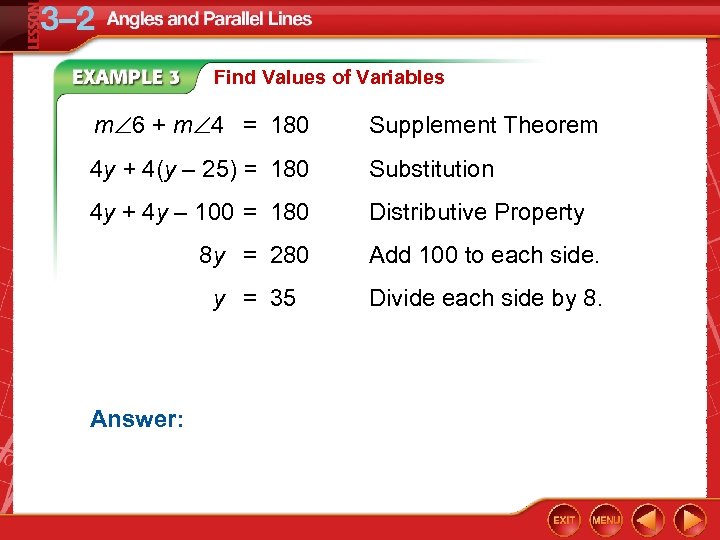 Find Values of Variables m 6 + m 4 = 180 Supplement Theorem 4