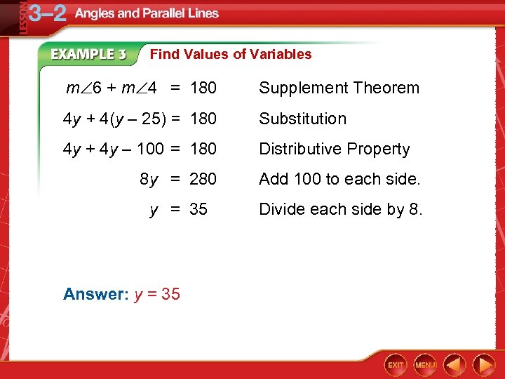 Find Values of Variables m 6 + m 4 = 180 Supplement Theorem 4