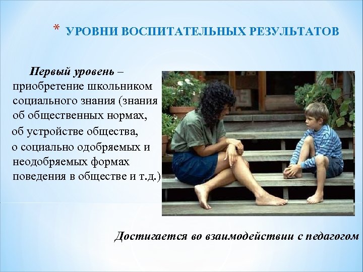 * УРОВНИ ВОСПИТАТЕЛЬНЫХ РЕЗУЛЬТАТОВ Первый уровень – приобретение школьником социального знания (знания об общественных