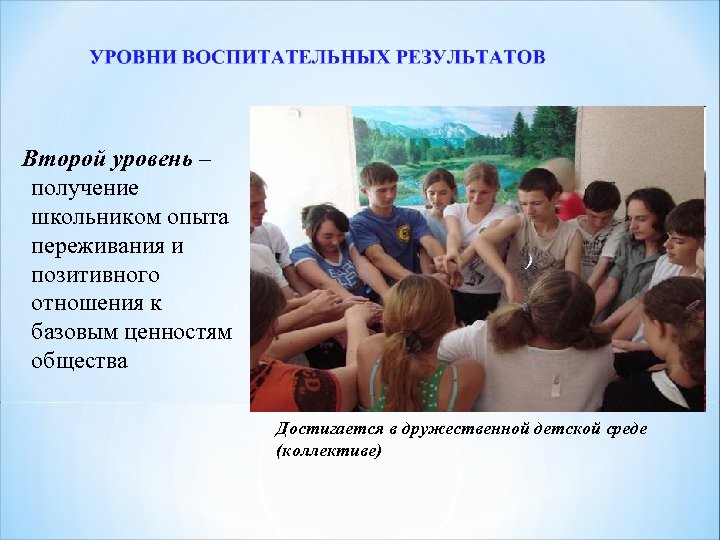 Второй уровень – получение школьником опыта переживания и позитивного отношения к базовым ценностям общества