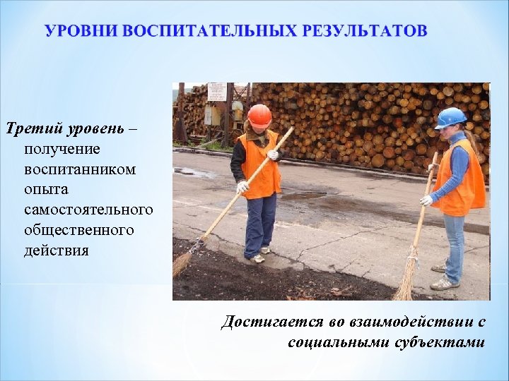 Третий уровень – получение воспитанником опыта самостоятельного общественного действия Достигается во взаимодействии с социальными