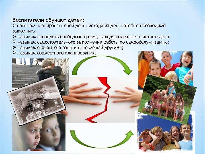 Воспитатели обучают детей: Ø навыкам планировать свой день, исходя из дел, которые необходимо выполнить;