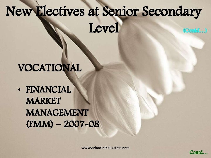 New Electives at Senior Secondary Level (Contd…) VOCATIONAL • FINANCIAL MARKET MANAGEMENT (FMM) –