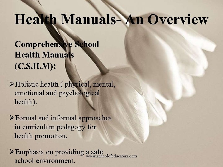 Health Manuals- An Overview Comprehensive School Health Manuals (C. S. H. M): ØHolistic health